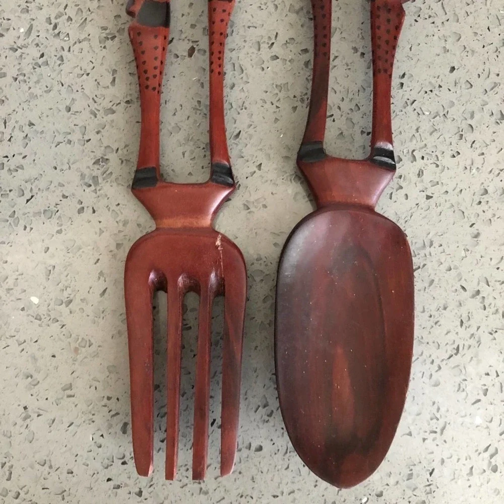 Hand Carved Wood Giraffe Fork and Spoon Serving Set 13 Inch Safari Kitchen Decor